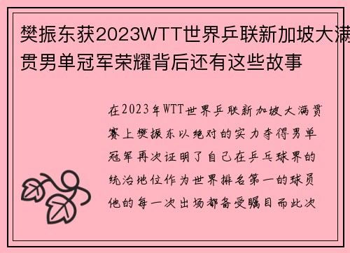 樊振东获2023WTT世界乒联新加坡大满贯男单冠军荣耀背后还有这些故事