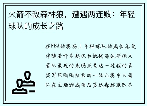 火箭不敌森林狼，遭遇两连败：年轻球队的成长之路